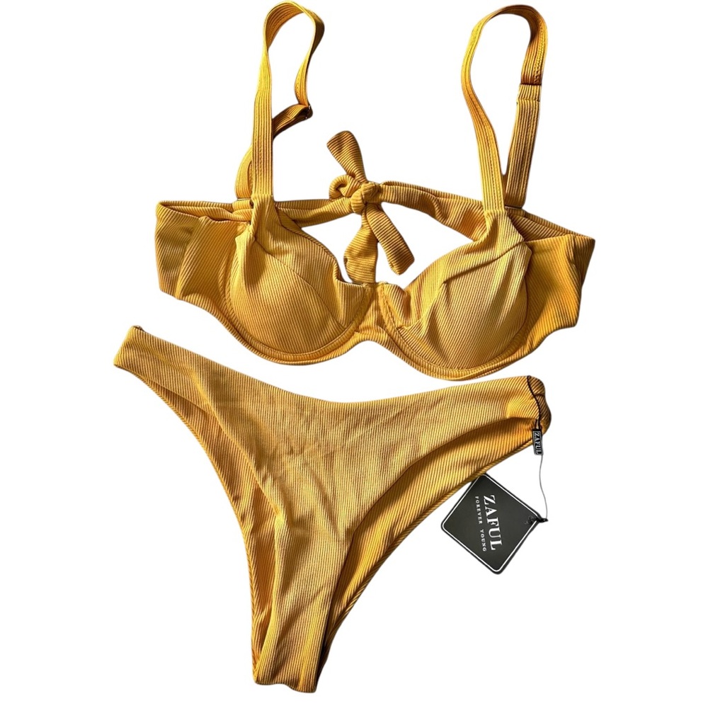 Zaful Ribbed Mustard Yellow Underwire High Cut Bikini w/ Adjustable Straps US 6